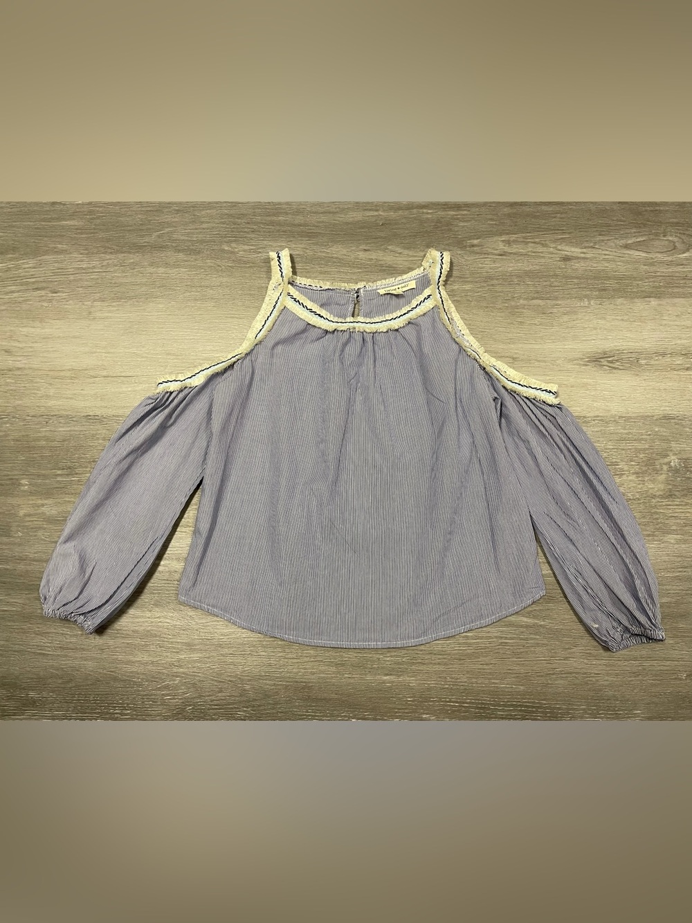 Living Doll LA Blue White Striped Cold Shoulder Blouse Size M 100% Cotton